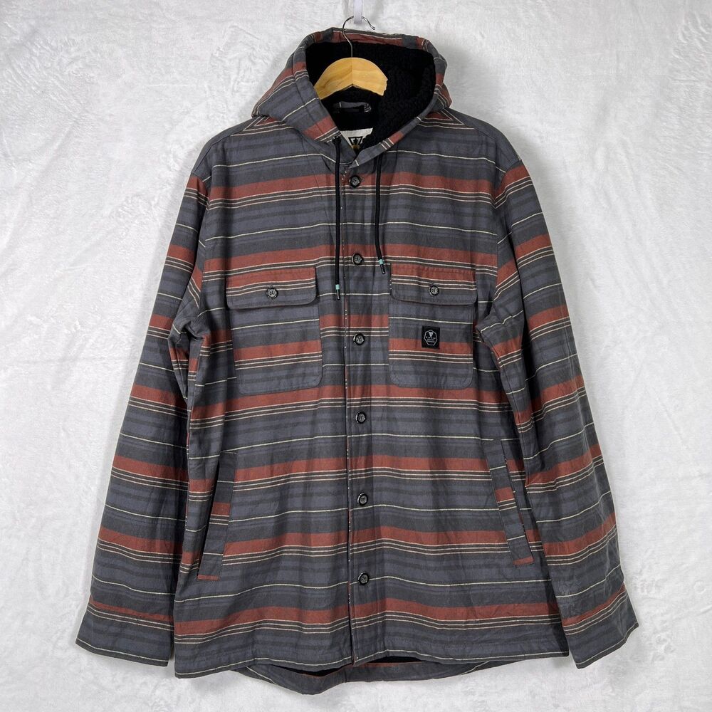 Vissla Tayrona Hooded Flannel Shirt Jacket XL Sherpa Lined Hood Stripe Overshirt